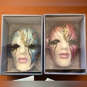 Pair NEW in boxes Venetian ceramic wall mask featuring a peacock design/ glitter